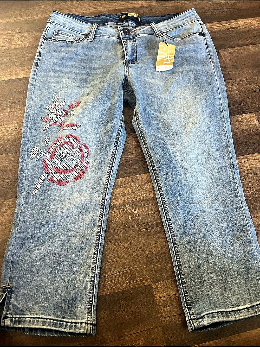 Suzanne B. C Cross Stitch Embellished Straight Leg Jeans. Women's Straight Leg
